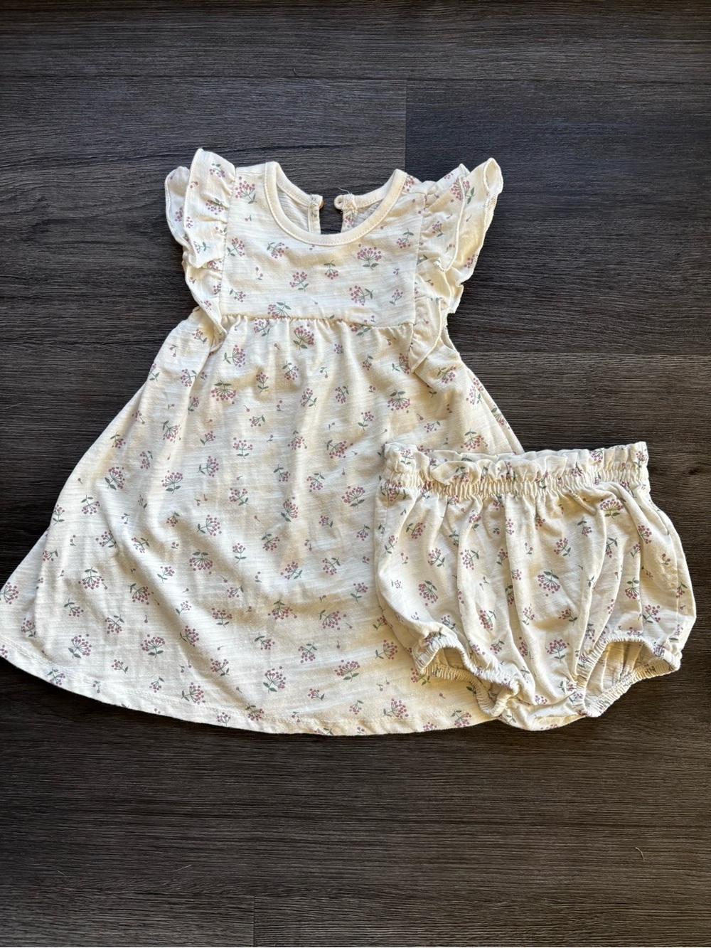 Cream Floral Ruffle Dress with Matching Diaper Cover